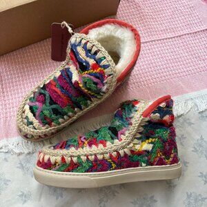 Mou Ethnic Style Colorful Patchwork Fleece-Lined Ankle Boots